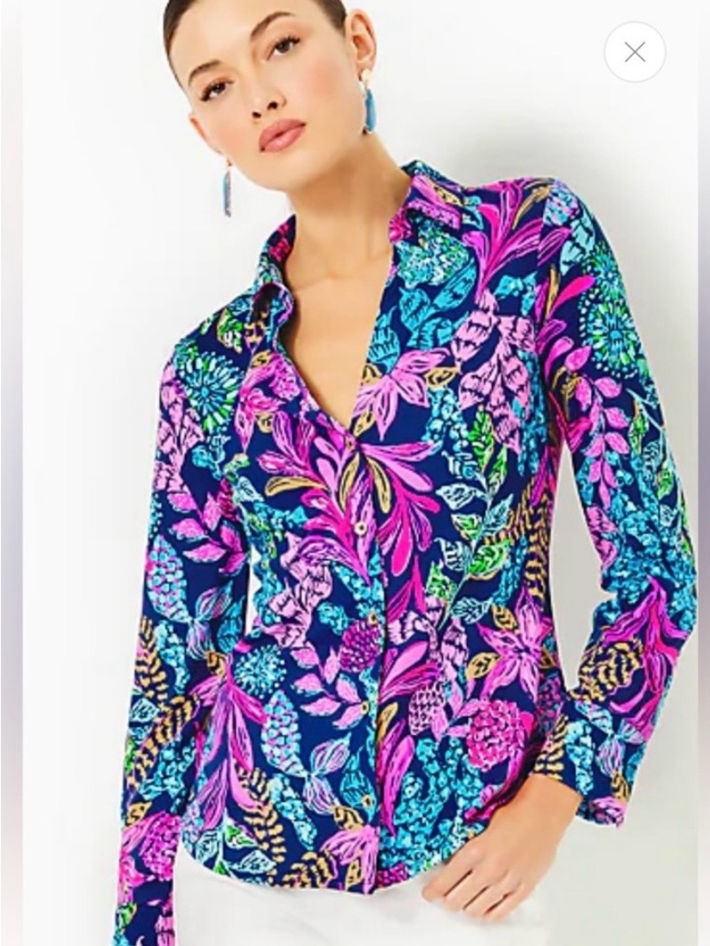 LILLY PULITZER Marlena UPF 50+ ChillyLilly Top LARGE, AEGEAN NAVY CALYPSO COAST